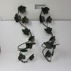 Vintage Home Interiors Metal Ivy Leaf Wall Sconce Candle Holder Pair Green 90s
